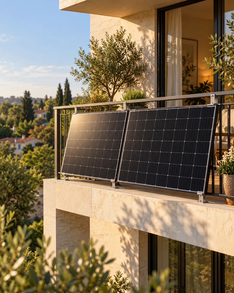 AI concept illustration of a sunlit apartment balcony with solar panels, green plants and warm natural stone.