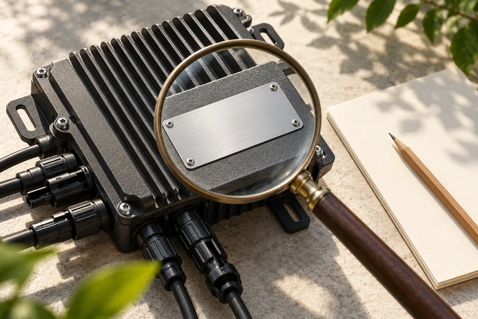 AI concept of inspecting a blank equipment plate with a magnifier; no certification is implied.