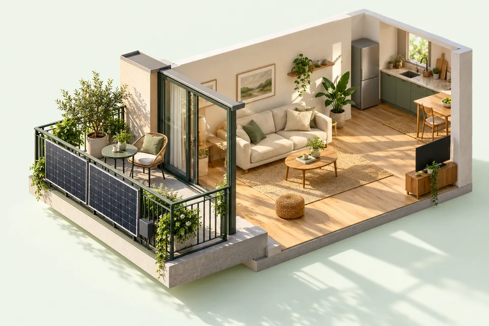AI concept illustration of solar panels on a balcony adjoining a sunlit apartment.