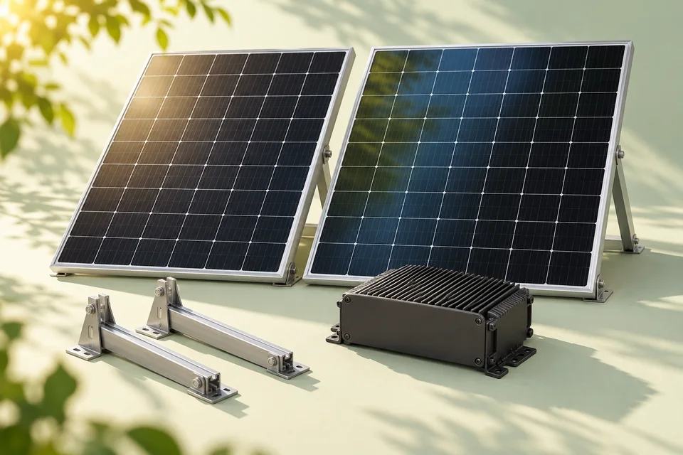 AI concept illustration of the panels, microinverter and brackets in a solar kit.