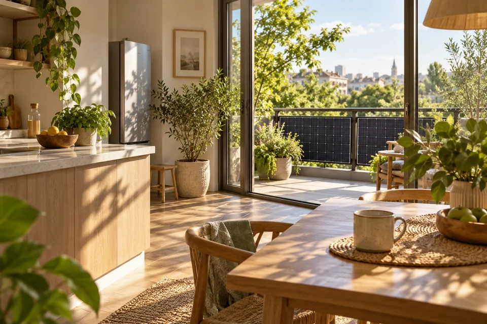 AI concept of a sunlit apartment kitchen with balcony solar in the background.