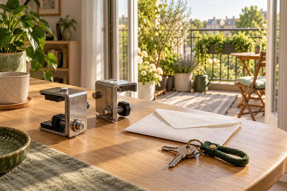 AI concept of removable railing clamps, a letter and apartment keys.