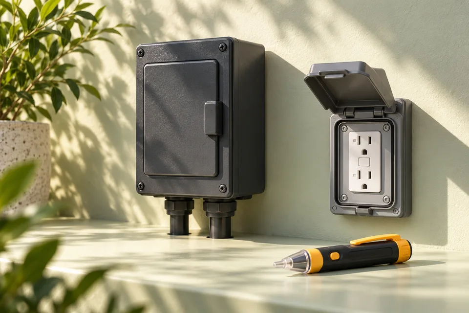 AI concept of a closed electrical enclosure, protected outlet and voltage tester; not a wiring plan.