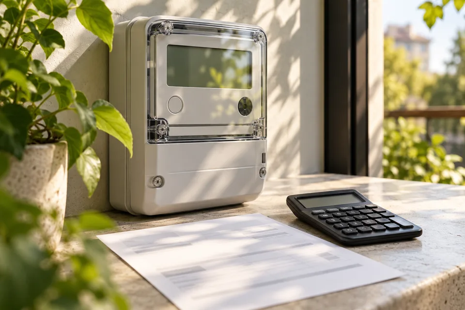 AI concept of an electricity meter, calculator and bill on a sunlit ledge.