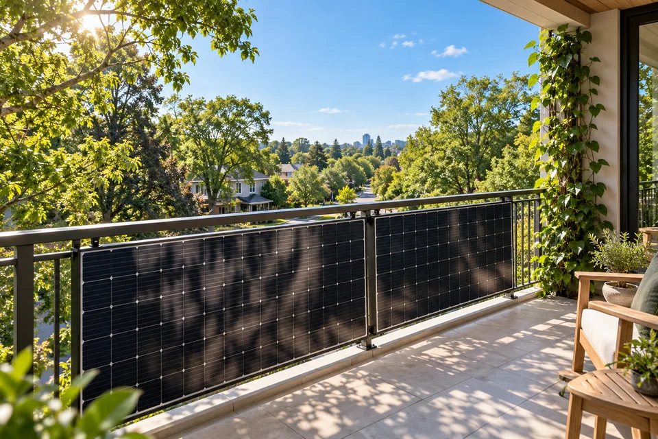 AI concept illustration of sunlight and tree shade reaching balcony solar panels.